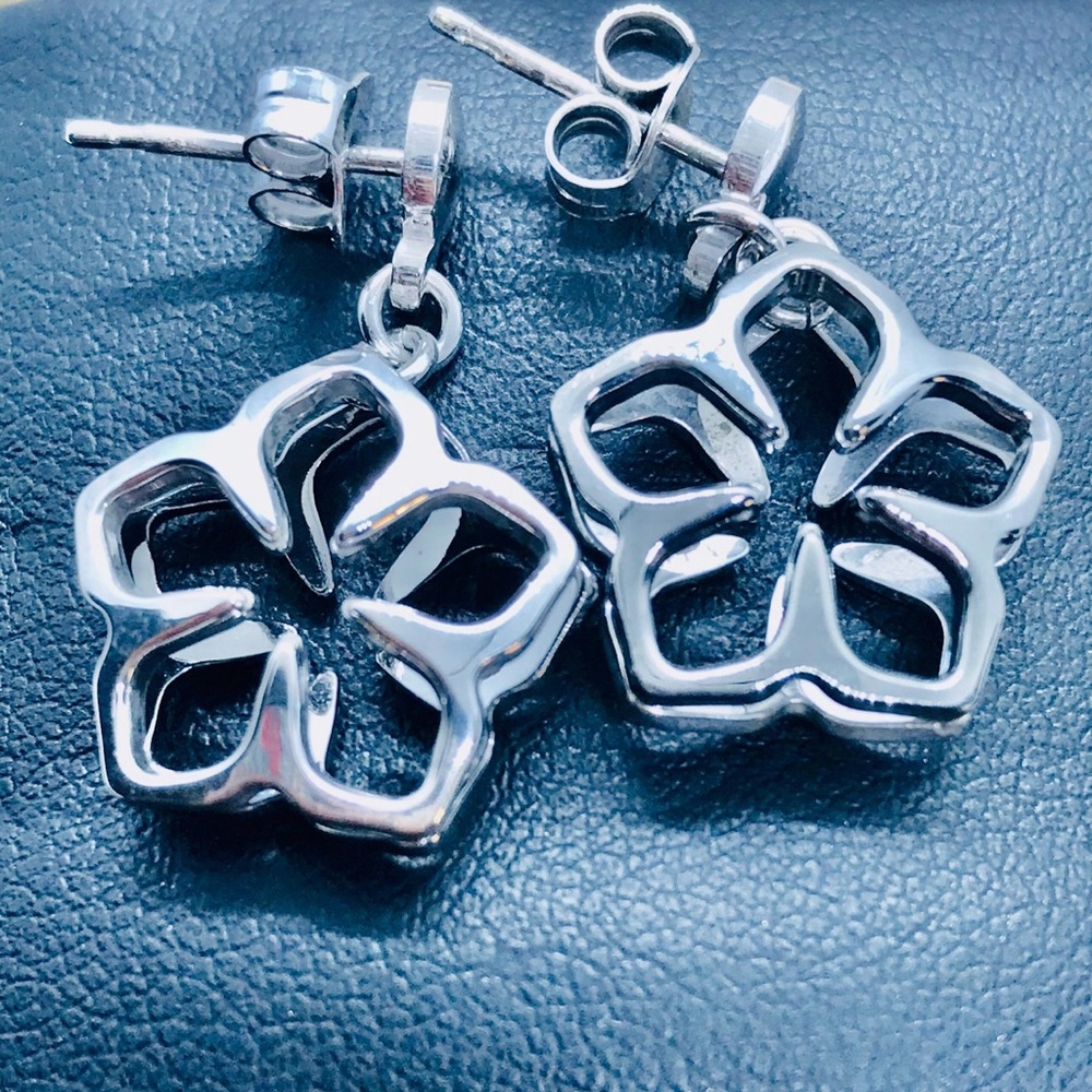 NEW - Two Tone Silver Double Sided Flower Motif Dangle Earrings
